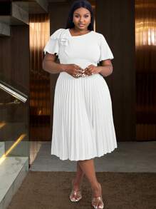 Plus Size Ladies Asymmetrical Neck Elegant Ruffled Sleeve Pleated A-Line Skirt, Commute, Graduation, Church,Graduation Outfit