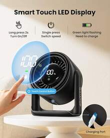 Gaiatop Desk Fan With Touch Control, 4000mAh Battery, 5 Speeds Ultra Quiet Bedroom Fan With LED Display, 90 °   Tilt, 7.7 Inch USB-C Rechargeable Desktop Fan For Dorm Office Room Home Office, Black - 黑色 - 查看 2