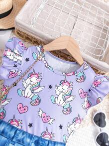 2 peças/Conjunto Camiseta de Manga Curta com Estampa de Unicórnio Adorável Tricotada e Saia de Denim com Estampa de Unicórnio para Meninas Jovens, Primavera/Verão