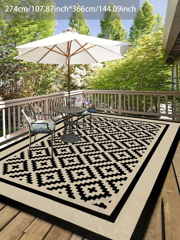 Outdoor Plastik Gras Matte, wasserdichte Matte, waschbare Bodenauflage und Teppich, geeignet für Outdoor, Wohnmobil, Strand, Terrasse, Camping, Garten, Deck, Picknick, Innen & Außen (6x9 ft, geometrisch/schwarz und beige)
