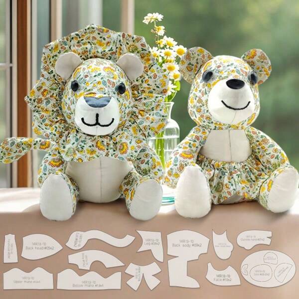 13pcs Lion/Bear Sewing Pattern Template, PET Sewing Stencils, DIY Doll Making Templates, Sewing Supplies, Handmade Decoration For Birthday, Holiday Gift, Includes English Instruction Manual