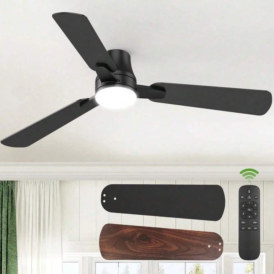 Ceiling Fan With Light 42 Inch, Modern Low Profile Flush Mount Ceiling Fan With Remote Control, 6 Speed Reversible Airflow LED Light Fixture For Bedroom, Living Room, Home Decor