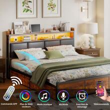 Cama tapizada, 140x200cm, canapé con 4 cajones, diseño industrial moderno con decoración en madera, con cabecero de almacenaje en PU, estructura de hierro, cama doble, sin colchón, color negro - Negro - Ver 7