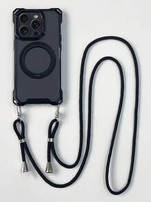 Luxury 360 Magnetic Bracket Kickstand Crossbody Lanyard Necklace Transparent Phone Case For Magnetic Wireless Charge Phone Case Compatible With IPhone 16 15 11 12 13 14 Pro Max Plus Anti-Lost Cover - Black - View 6