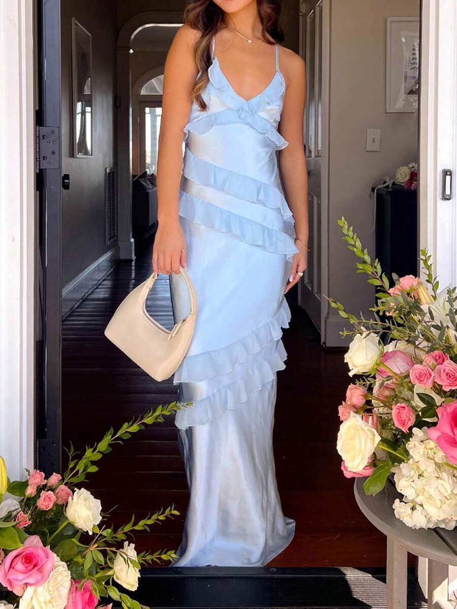 女式夏季纯色细肩带不对称荷叶边露背修身长款浪漫花园派对连衣裙 - 藍色 - 查看 1
