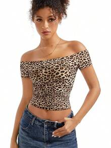 Women Double Lined Off Shoulder Tops Fitted Going Out Basic Shirts - Cheetah - View 4