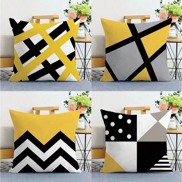 4pcs, Yellow And Black Geometric-Shaped Sofa Cushions, Suitable For Living Rooms With Light Luxury Design, Can Be Used As Backrest Pillow Covers In Cars, Offices Or Dormitory Model Rooms, Polyester 100%,16x16 18x18 20x20 Inches, Single-Sided Print, No Pillow Insert.