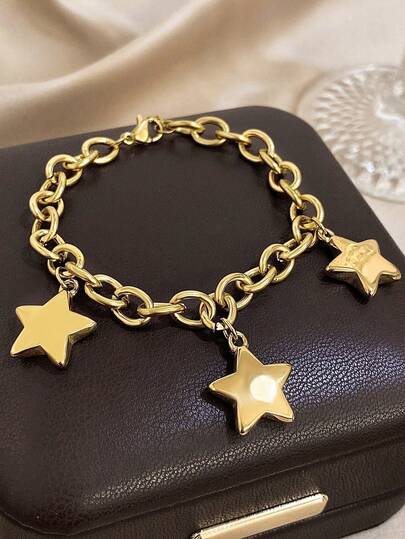 1 件夏季五角星形吊坠可调节手链，适合女士女孩，18K 镀金不锈钢粗链，妈妈礼物，教师礼物，波西米亚风夏季海滩旅行派对必备品，狂欢/舞会/派对/日常配饰，金黄色珠宝，返校礼物，生日礼物