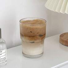 1pc 300ml Transparent Vertical Grain Glass Coffee Cup Milk Cup Juice Cup Ice Cream Cup Suitable For Party, Home, Cafe, Restaurant