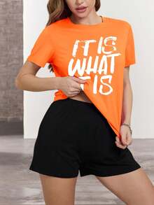 Women's Fashionable Versatile Slogan Print Short Sleeve T-Shirt - Orange - View 5