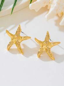 1 Pair Minimalist Metal Smooth Five-Pointed Star & Starfish Stud Earrings For Women, Summer Beach Holiday, Gift For Friend