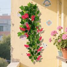 Tallo de gloria de la mañana, flor simulada, ramo colgante de flores, decoración de sala de estar, flores suspendidas, cesta colgante de interior, planta verde, planta de paisaje, decoración colgante de pared, estilo natural, decoración del hogar, arreglo floral - Rosa Fucsia - Ver 4