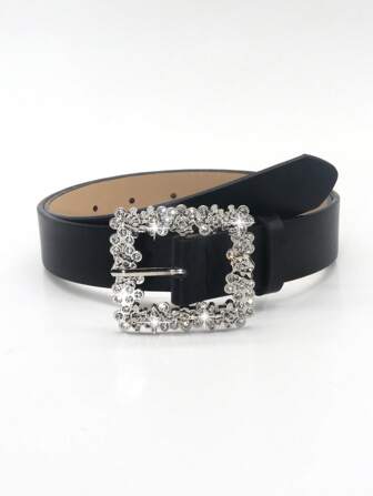 1pc Women's Rhinestone Decor Metal Square Buckle Fashionable Belt, Suitable For Jeans