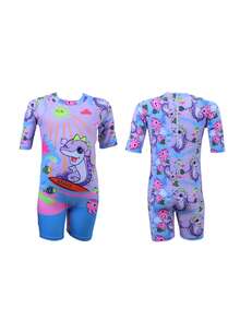 Traje de baño entero para niñas pequeñas de 4 a 12 años, con patrones cartonísticos de animales marinos, adorable y dulce. Traje de baño de mangas largas integrado para la playa, anti - solar. - Lila Púrpura - Ver 4