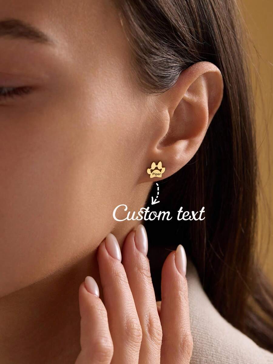 Customized Engraved Letter Stud Earrings, Personalized Pet Paw Print Stainless Steel Pendant Earrings, Customized Engraved Name Earrings, Pet Memorial Gift - Gold - View 1