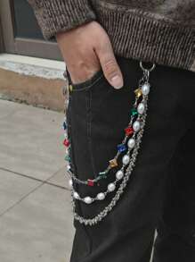 Corrente de Calça com Três Camadas de Pérolas e Strass Colorido, Ícone da Moda Acessório de Cintura Luxuoso, Minimalismo, Joias Hip Hop, Produto com Corrente Multicolorida Enviada Aleatoriamente