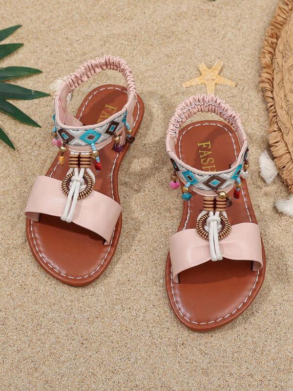 1 Pair Girls' Bohemian Style Pendant Decor Lace-Up Design Cute Fashion Sandals, Suitable For Summer