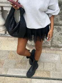 Women Lace Trim Half Slip Skirt Elastic Y2k Floral Sheer Mini Skirt Ruffle Pleated Underskirt Shirt Extender - 黑色 - 查看 3