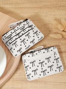 Billetera pequeña plegable para mujer con estampado de lazo rosa en forma de corazón, bolsillo para monedas, minimalista, ligera, de múltiples capas, portátil, para tarjetas de identificación, dinero, tarjetas de crédito, de moda, moderna, negocios, ideal como regalo de aniversario, cumpleaños, para chicas, damas, femenino, útiles escolares para la escuela, dormitorio y vuelta al cole - Negro - Ver 2