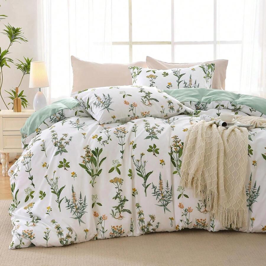Duvet Cover King Size, Reversible Floral Lavender Duvet Cover Set With Zipper Closure, 3 Pieces Botanical Patterns Soft Microfiber Bedding Set (90"X104", 2 Pillow Cases 20"*36") - 04 - Hoa Xanh (Không Có Người An Ủi) - Xem 1