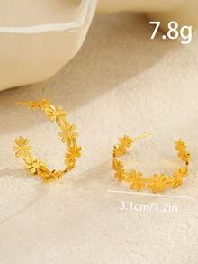 一对镂空金 C 形花形耳环，简约而时尚，展现风格和独特魅力 - 金色 - 查看 6