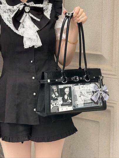 日系新款PU皮时尚Y2K女生透明徽章痛包女生逛街休闲简约街头通勤手提单肩包，可放粒面，可挂钥匙扣，可放明信片，可参加漫画展