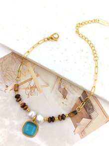 1pc Women's Blue Natural Stone Beaded Bracelet, Summer Fashion Jewelry
