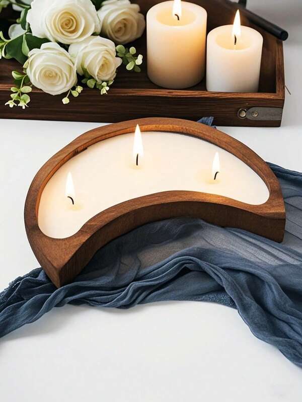 1PC New Curved Moon Shape Wooden Scented Candle, Party Favors, Vacation Ambiance Decoration, Home Lighting Special Wooden Bowl Scented Candle, Perfect For Home, Hotel