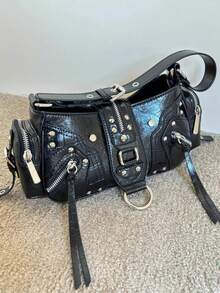 新款摩托车包，Y2K Baddie 大容量多功能手提包，铆钉单肩包，斜挎包，腋下包设计，时尚小众深黑色，春夏款 - 黑色 - 查看 6