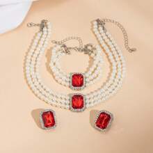 4pcs Set Elegant & Fashionable Multi-Layer Faux Pearl Beaded & Gemstone Inlaid Necklace, Earrings & Bracelet Jewelry Set, Suitable For Women's Daily Wear, Wedding, Party, Holiday & Anniversary Gift