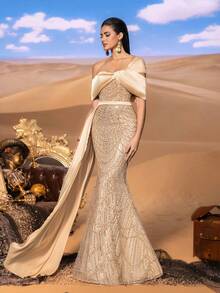 Faeriesty Haute Glamour Luxurious Off-Shoulder Sequin Gown With Asymmetrical Draped & Mermaid Train – Elegant Formal Evening Dress For Red Carpet Galas, Black-Tie Events, Luxury Wedding Receptions, Opera Nights, And Charity Balls