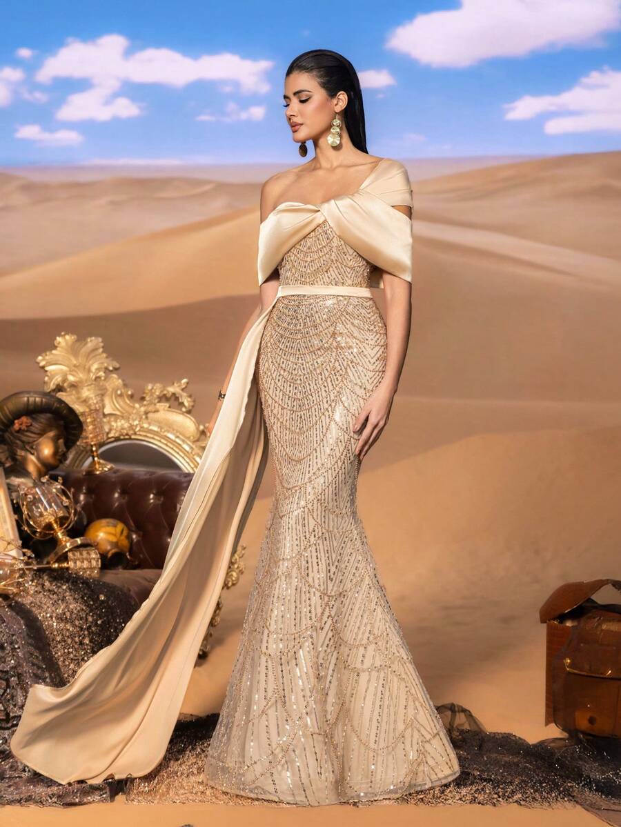 Faeriesty Haute Glamour Luxurious Off-Shoulder Sequin Gown With Asymmetrical Draped & Mermaid Train – Elegant Formal Evening Dress For Red Carpet Galas, Black-Tie Events, Luxury Wedding Receptions, Opera Nights, And Charity Balls