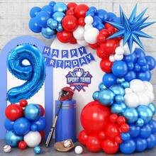 Decoraciones para fiesta de cumpleaños de deportes/béisbol: Arcos de globos en azul marino, rojo y blanco, globos de número 32" en azul marino, guirnaldas de borlas, apropiado para decoraciones de fiesta de cumpleaños con tema de béisbol
