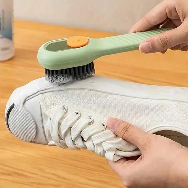 1pc Multi-Functional Liquid Outlet Shoe Brush, Soft Bristle Press Type With Integrated Soap Box, Comfortable To The Touch, Thick And Flexible Bristles, Plastic For Easy Cleaning Of Shoes, Clothes, Home And Dormitory Cleaning Supplies