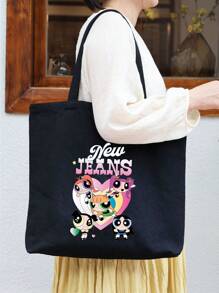 THE POWERPUFF GIRLS Cartoon Superhero Policewoman Minimalist & Stylish Canvas Shoulder Tote Bag, Casual Large Capacity Daily Work Commute Foldable Shopping Handbag