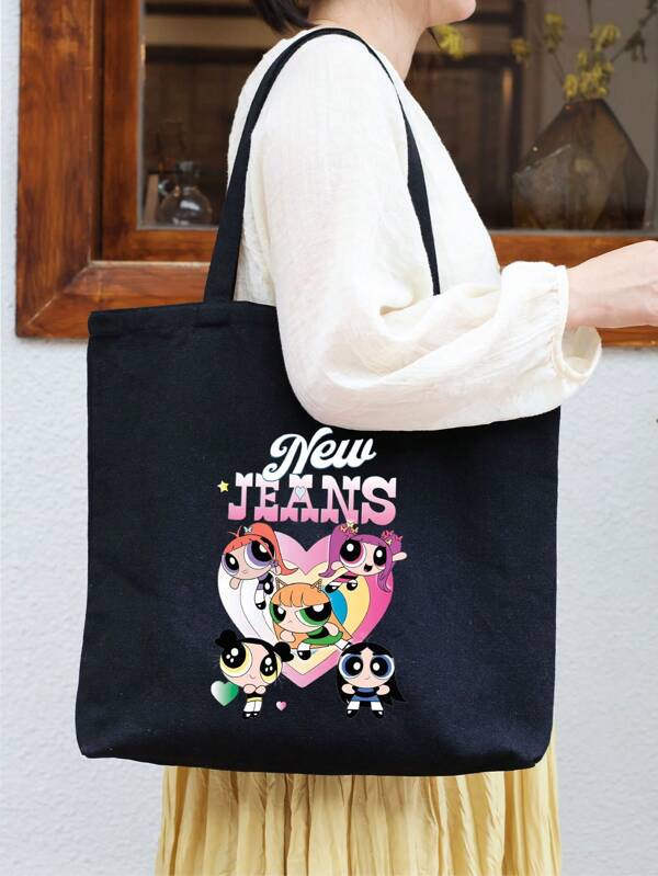 THE POWERPUFF GIRLS Cartoon Superhero Policewoman Minimalist & Stylish Canvas Shoulder Tote Bag, Casual Large Capacity Daily Work Commute Foldable Shopping Handbag