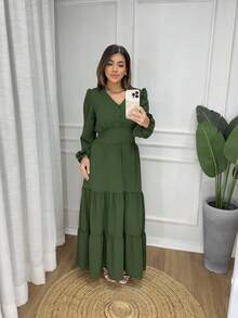 Women's Long Dress With Floral Print And Long Sleeves With Elastex On The Back - 墨綠色 - 查看 1