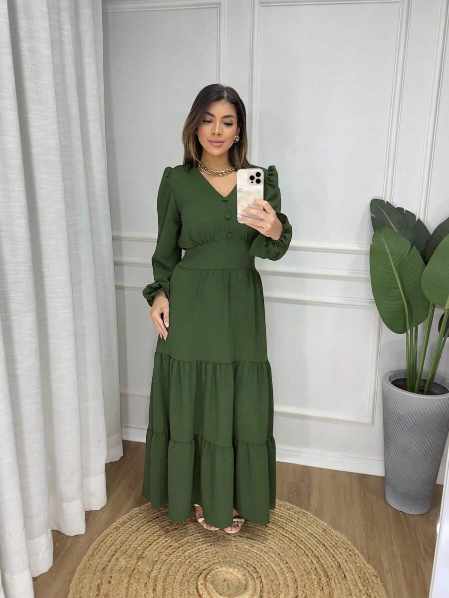 Women's Long Dress With Floral Print And Long Sleeves With Elastex On The Back - 墨綠色 - 查看 1