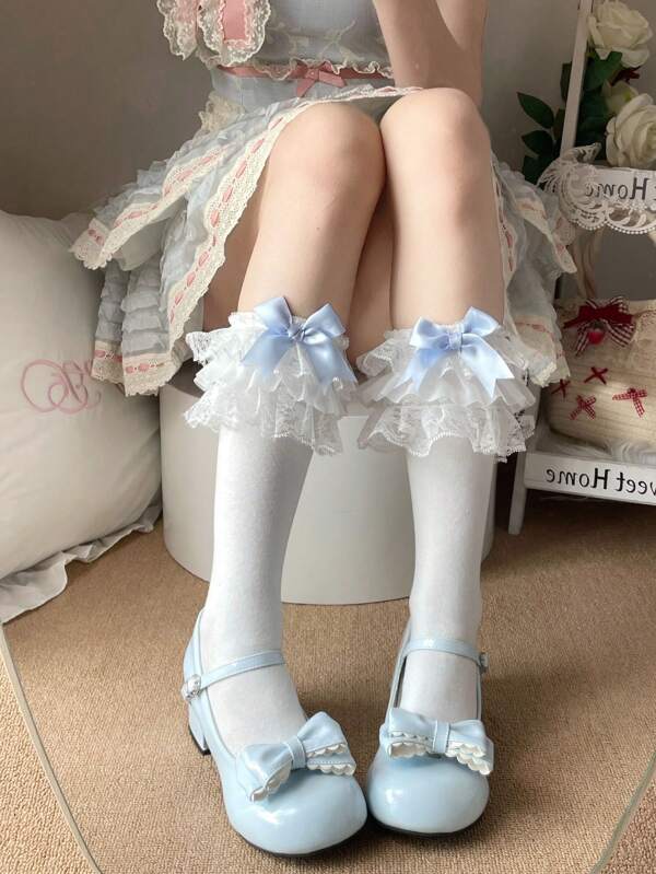 1 Pair Women's White Lolita Vintage 3-Layer Lace Trim Bowknot Mid-Calf Socks