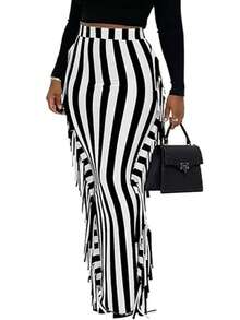 SEBOWEL Cotton Blend Sides Tassel Maxi Skirt Casual Bodycon Skirts Bottom - Đen và trắng - Xem 2