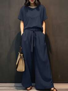 ZANZEA Women Short Sleeve Tops T Shirt Lace-Up Elastic Waist Wide-Leg Long Pants Palazzo Trousers Summer Casual Loose 2PCS Sets Outfits - 深藍色 - 查看 1