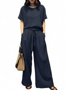 ZANZEA Women Short Sleeve Tops T Shirt Lace-Up Elastic Waist Wide-Leg Long Pants Palazzo Trousers Summer Casual Loose 2PCS Sets Outfits - 深藍色 - 查看 2
