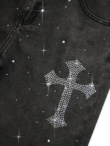 男士水钻交叉口袋夏季休闲牛仔短裤，Emo 风格