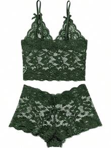 Floral Lace Lingerie Set High Waist Sleepwear Bra And Panty 2 Piece Nightwear 2025 Back-To-School Season Fall Pjs - 領結 軍綠色 - 查看 5