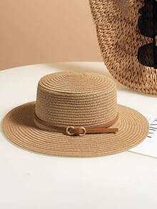 1 件女士新款时尚平顶太阳帽，大帽檐休闲太阳帽，适合海滩、度假、度假，日式草编帽 - 黑色 - 查看 10