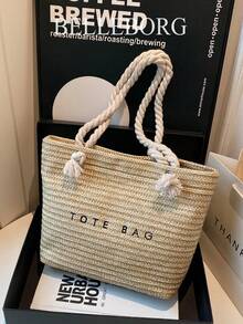 休闲度假大容量草编托特包，别致优雅的女士单肩手提包 - 黑色 - 查看 4