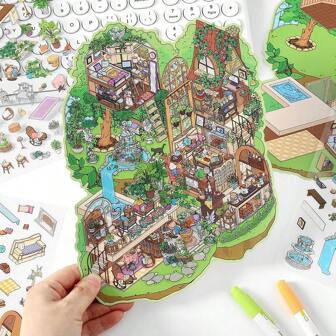 3D Miniature Scene Stickers, Increase Difficulty DIY House Stickers For Underwater Community, Forest Villa, Cute 3D Cartoon Sticker Scenes For Adult Kids Relief Stress Pass The Time