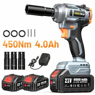  TaskStar 1/2" Brushless Impact Wrench, Power Impact Gun W/Max Torque 330Ft-Lbs(450N.M), 4.0Ah Rechargable Battery & 3 Sockets, Compact Power Impact Wrench For Lightduty Work Car Home