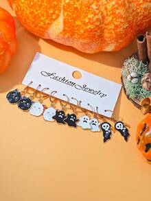 10件/40件新款欧美跨境万圣节系列耳环，可爱恐怖风格金属珐琅南瓜、鬼、蝙蝠、蜘蛛吊坠耳环套装女