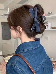 1个大号缎带蝴蝶结发夹，高端发夹发髻夹，带飘带，优雅公主风发饰，适合春夏秋冬，女士度假装扮必备，沙滩假日必备 - 藍色 - 查看 3